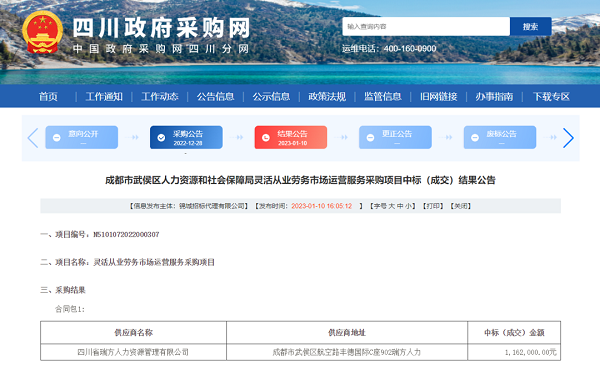 喜訊！瑞方人力中標武侯區人社局靈活從業勞務市場運營服務采購項目 第1張